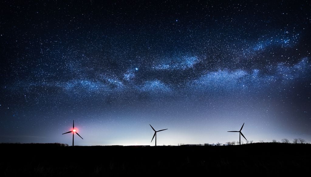 Des éoliennes de nuit. Des éoliennes de nuit.