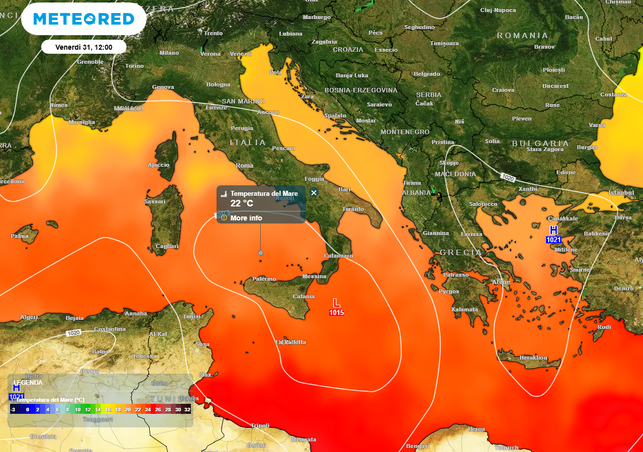 Sono ancora caldi in superficie i mari attorno l'Italia, con temperature che raggiungono valori di ben +22°C al Sud, specie fra basso Tirreno, Canale di Sicilia e Ionio.