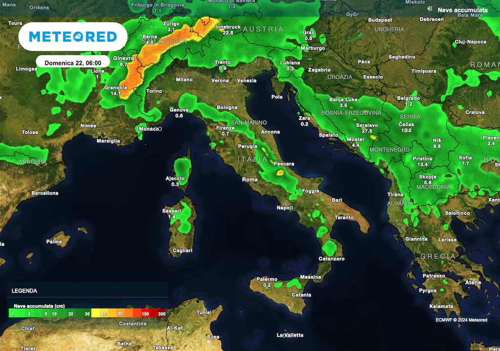 Neve cumulata da oggi al 22 dicembre sull'Italia secondo il modello ECMWF.