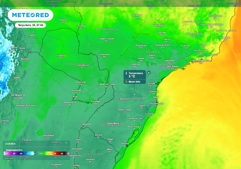 Previsão de temperaturas mínimas na terça-feira durante a madrugada.