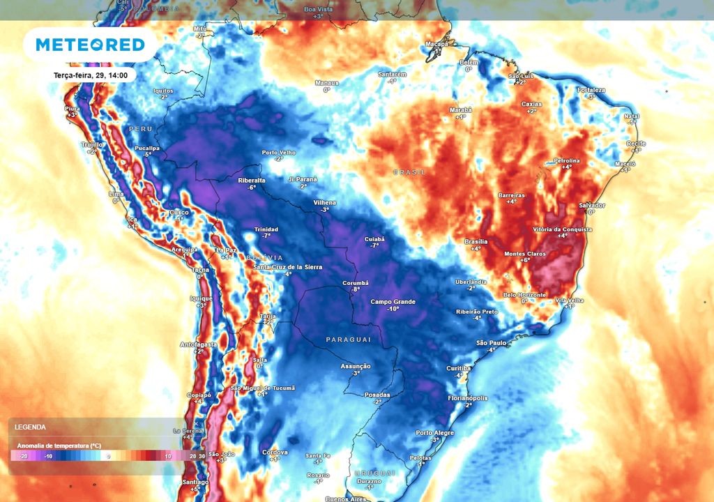 Previsão de anomalia de temperatura em 850 hPa na terça-feira.
