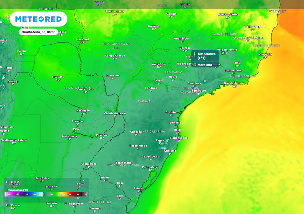 Previsão de temperaturas mínimas na quarta-feira.