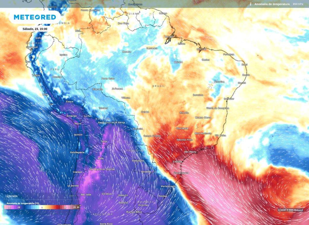 Anomalia de temperatura em 850 hPa para a tarde de sábado (23).