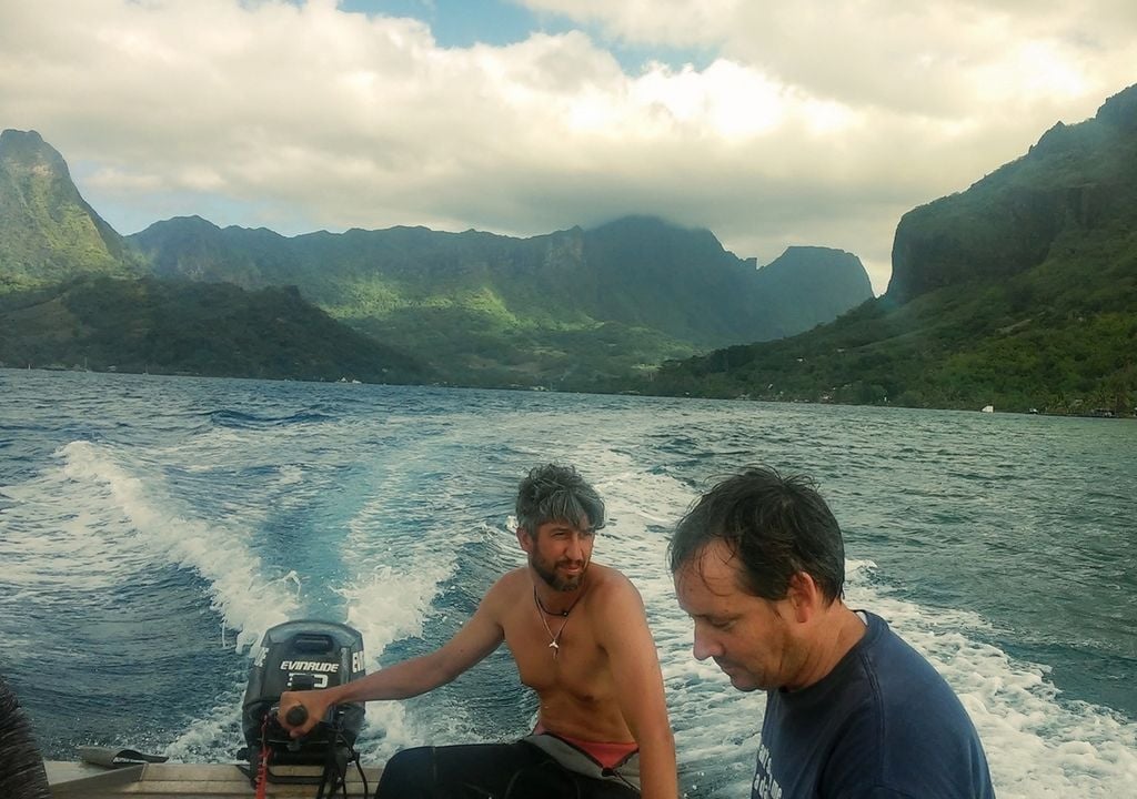 Die Mitautoren der Studie Andreas Haas (NIOZ Niederlande) und Craig Nelson (Universität von Hawai‘i in Mānoa) entnehmen Wasserproben an der Küste von Mo’orea (Französisch-Polynesien). Die Mitautoren der Studie Andreas Haas (NIOZ Niederlande) und Craig Nelson (Universität von Hawai‘i in Mānoa) entnehmen Wasserproben an der Küste von Mo’orea (Französisch-Polynesien). Bild: Daniel Petras