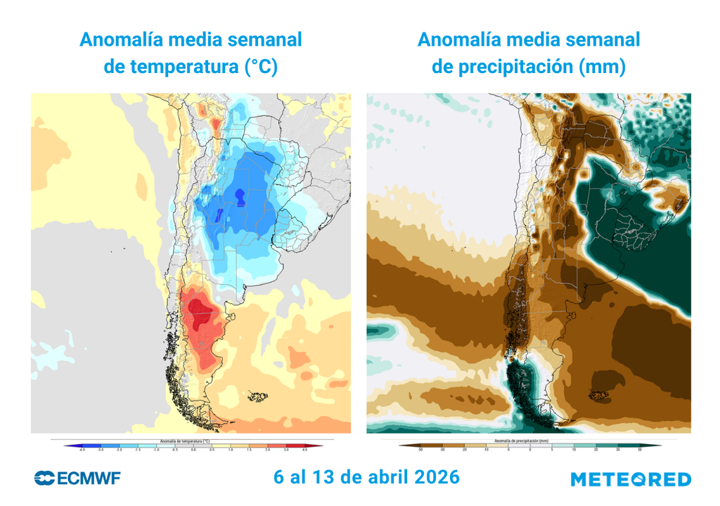 mapas de anomalías de temperatura y precipitación. ECMWF proyecta una semana con contrastes en Chile: temperaturas entre normales y levemente sobre lo habitual, con precipitaciones escasas concentradas en el extremo sur y posible aumento de lluvias hacia el fin de semana.