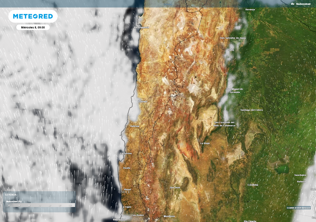 mapa de nuosidad. La vaguada costera favorecerá mañanas con camanchaca entre Atacama y Coquimbo, con nubosidad baja que ingresará desde el océano y se disipará gradualmente durante el día.
