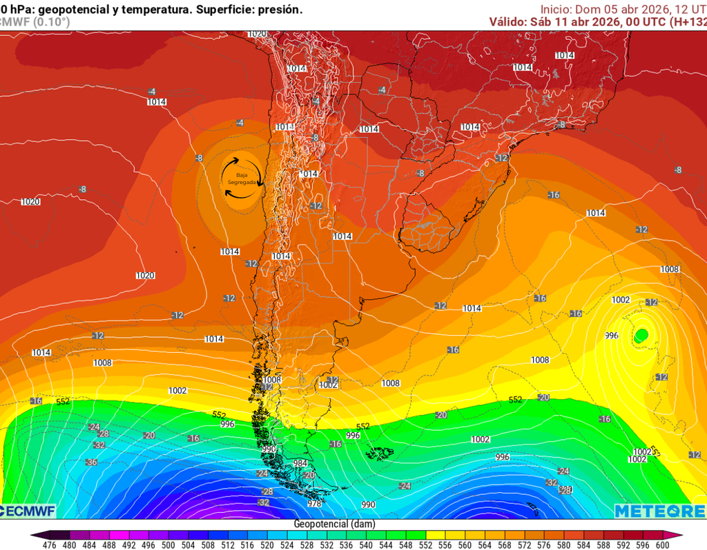 baja segregada, ECMWF proyecta una nueva baja segregada desde el viernes 10, que podría afectar al norte chico y centro norte con más nubosidad, descenso de temperaturas y posibles precipitaciones en la cordillera.