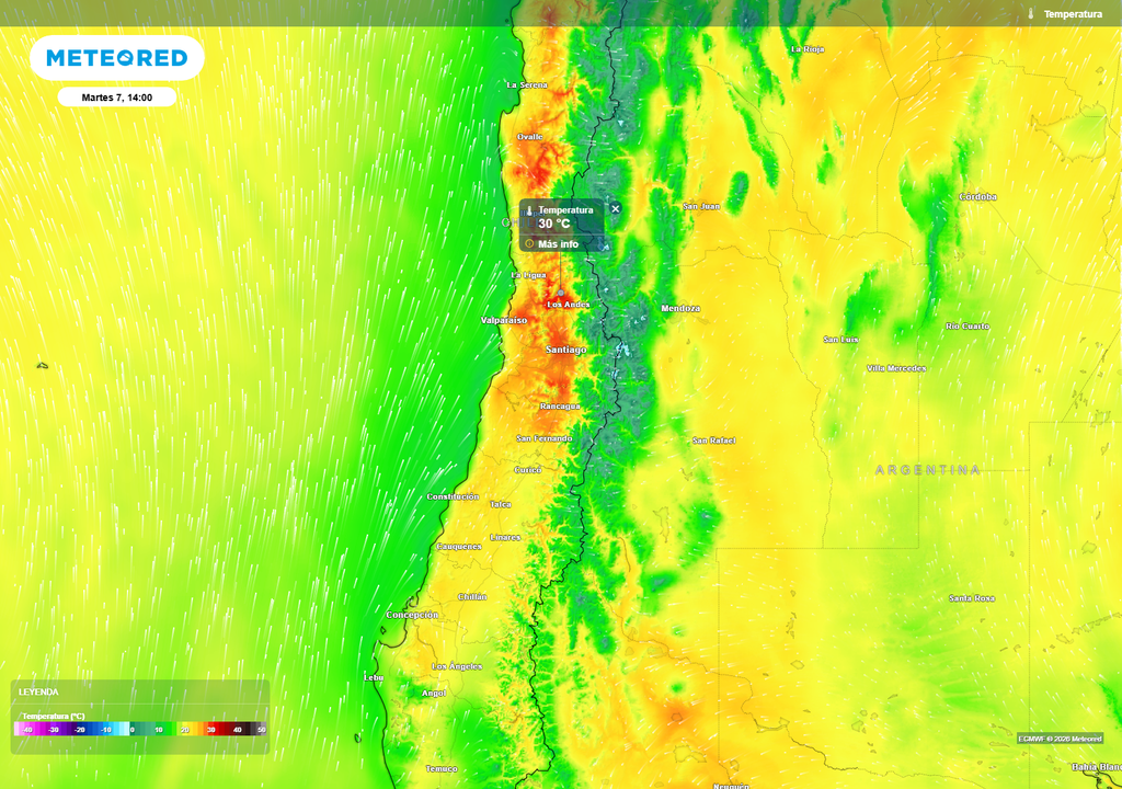 mapa de temperatura. Temperaturas se disparan hacia el martes 7: sectores interiores entre Valparaíso y O’Higgins rozarán los 30 °C, mientras la costa se mantiene más fresca por la influencia marítima.