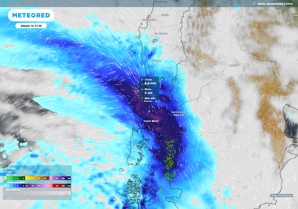 Intenso núcleo de precipitaciones impactará el sur de Chile el fin de semana.