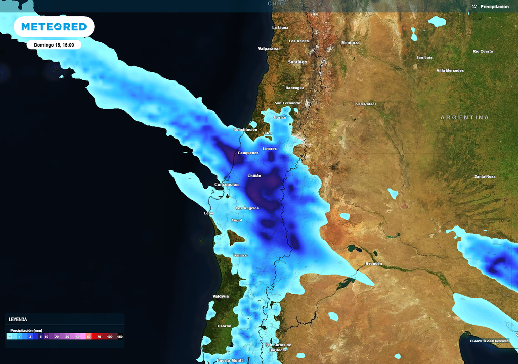Banda de precipitaciones se intensifica sobre el centro-sur de Chile: lluvias más fuertes se concentran entre Maule y Biobío el fin de semana.