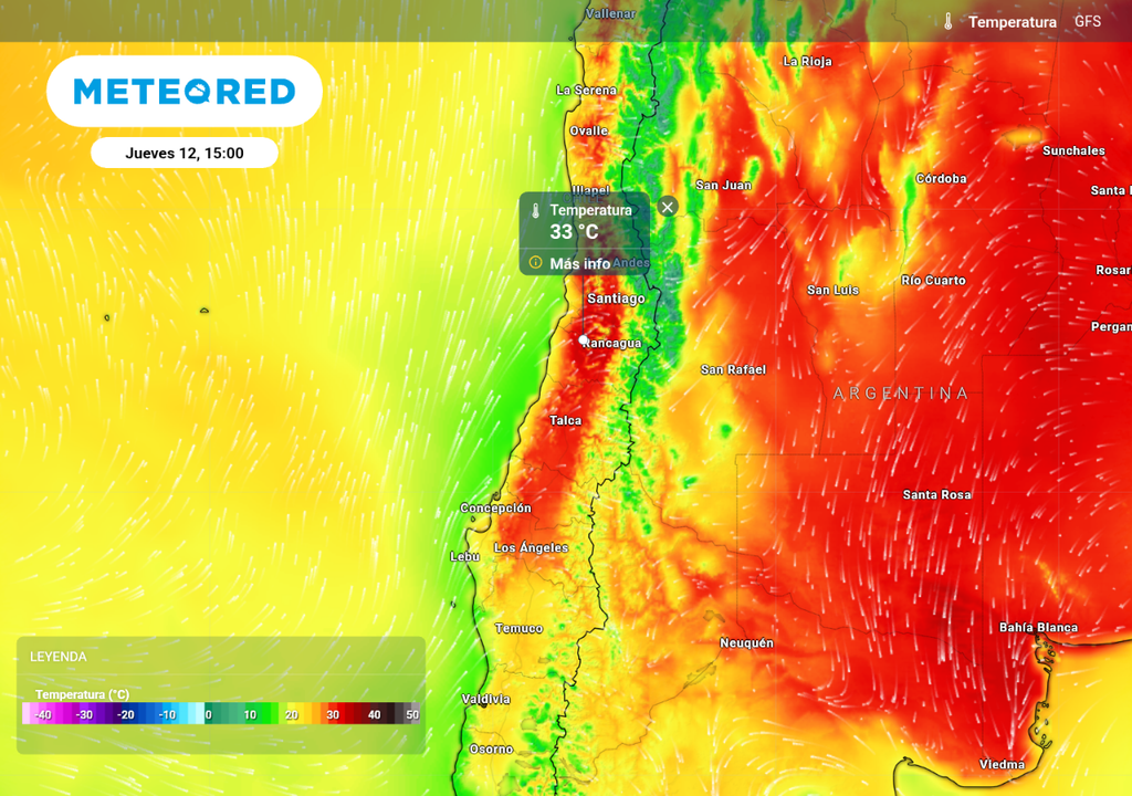 Mapa de temperatura proyectada para la tarde del jueves muestra intenso calor en la zona central de Chile, con valores que superan los 30 °C en valles interiores.