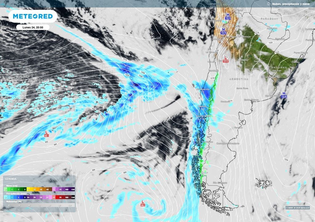 El primer sistema frontal de la semana avanzará sobre el sur y centro-sur de Chile durante el lunes 24, dejando precipitaciones desde Aysén hasta el centro-sur. Detrás de este frente ya se observa una nueva perturbación aproximándose desde el Pacífico.