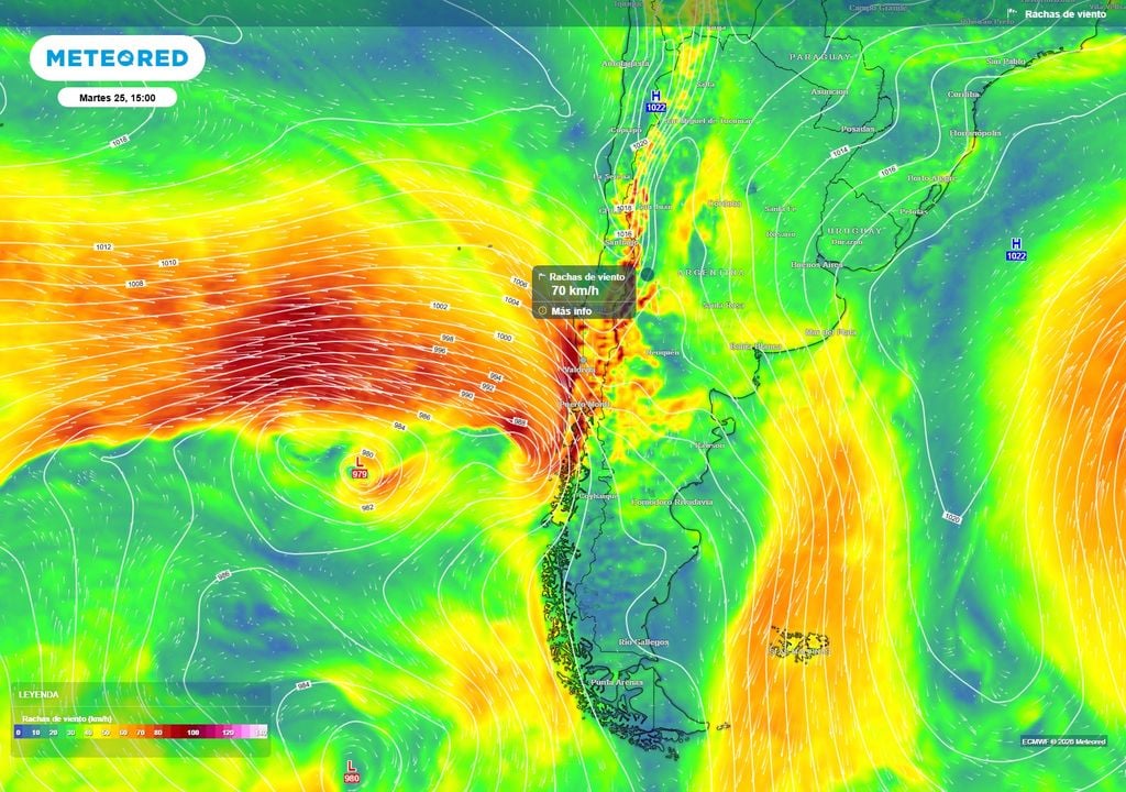 El viento será otro de los protagonistas. El modelo ECMWF proyecta rachas cercanas a 70 km/h en sectores del sur de Chile, asociadas al paso del sistema frontal.