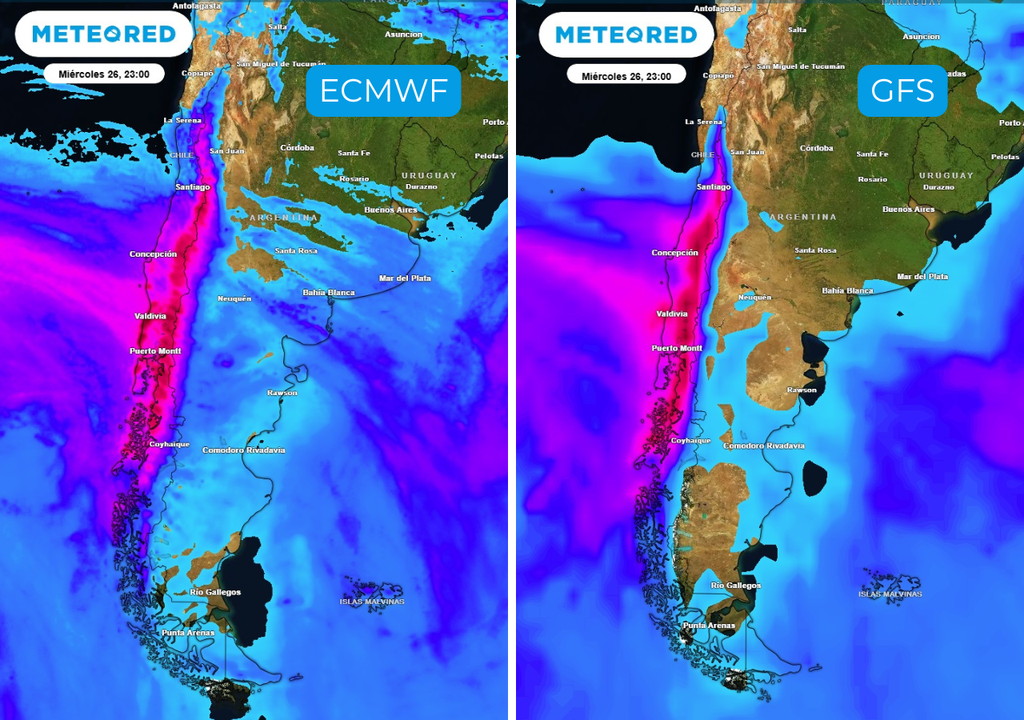 Los modelos ECMWF y GFS mantienen diferencias en el alcance de las precipitaciones hacia el norte. El modelo europeo extiende la señal lluviosa con mayor claridad hacia Coquimbo, mientras que el GFS concentra los montos más importantes desde la zona central hacia el sur.