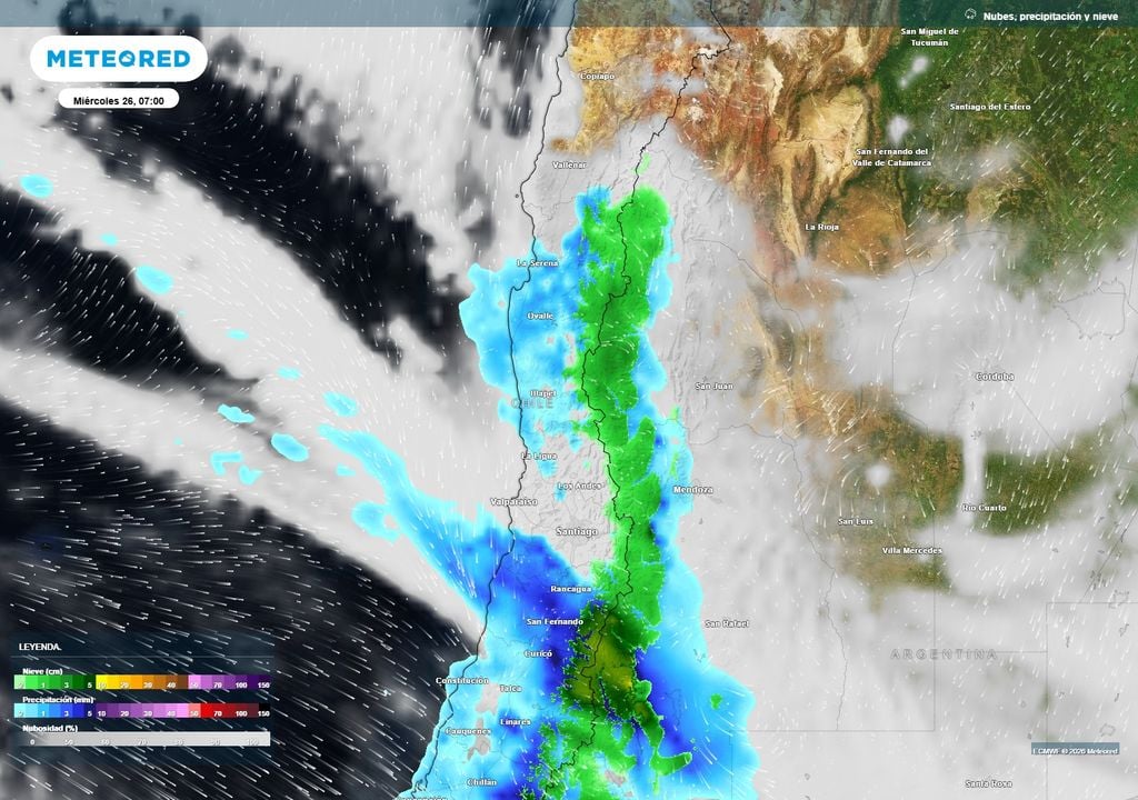 El sistema frontal avanzará hacia la zona central y el Norte Chico. El modelo ECMWF proyecta precipitaciones hasta sectores de Valparaíso y Coquimbo, junto con nevadas en la cordillera.