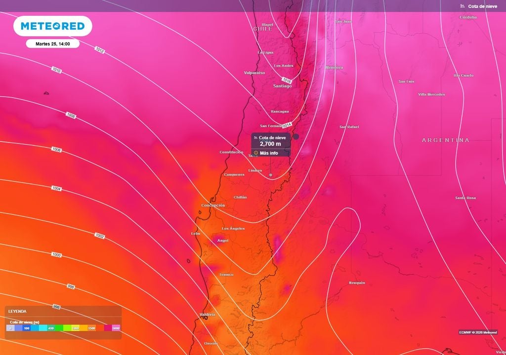 La cota de nieve se mantendrá elevada durante el martes 25, situándose en torno a los 2.700 metros en sectores del centro-sur, antes de descender posteriormente con el ingreso de aire más frío asociado al sistema frontal.