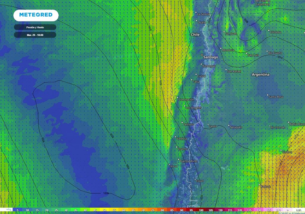 Presión y Viento previstos; modelo ECMWF