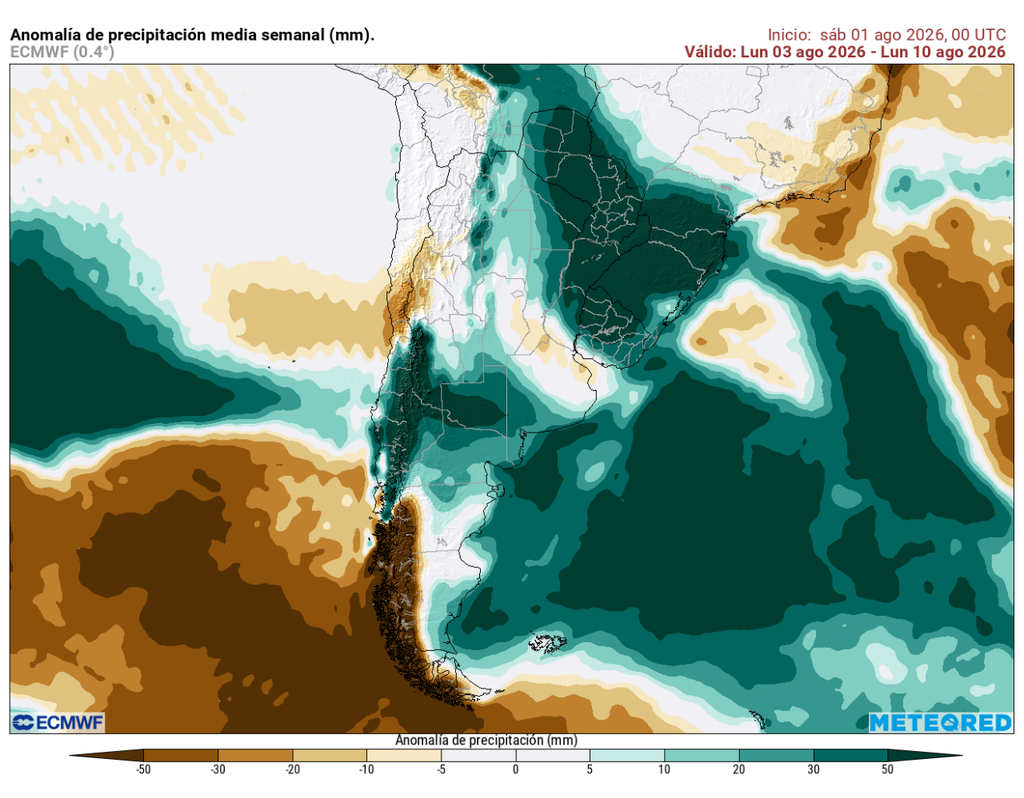 El modelo ECMWF proyecta una semana más lluviosa de lo normal entre parte de la zona central y el sur de Chile.