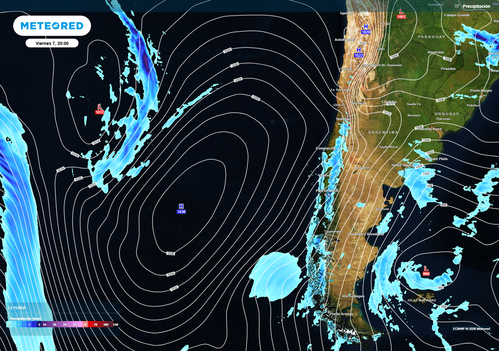 mapa de precipitación El fortalecimiento del anticiclón subtropical frente a Chile favorecerá un tiempo más estable desde el viernes, reduciendo las precipitaciones en la zona central y desplazando los sistemas frontales hacia latitudes más australes.
