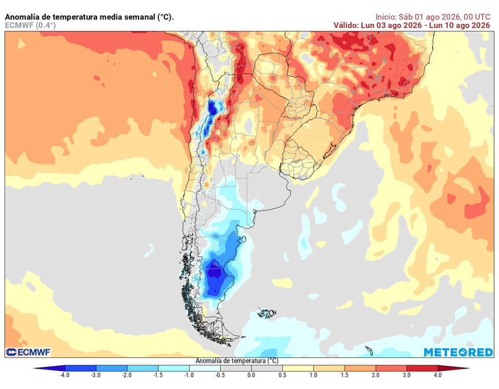 El modelo ECMWF proyecta una semana con temperaturas bajo lo normal en sectores del Norte Chico y la Patagonia, mientras gran parte de la zona central presentaría anomalías levemente superiores a lo habitual.