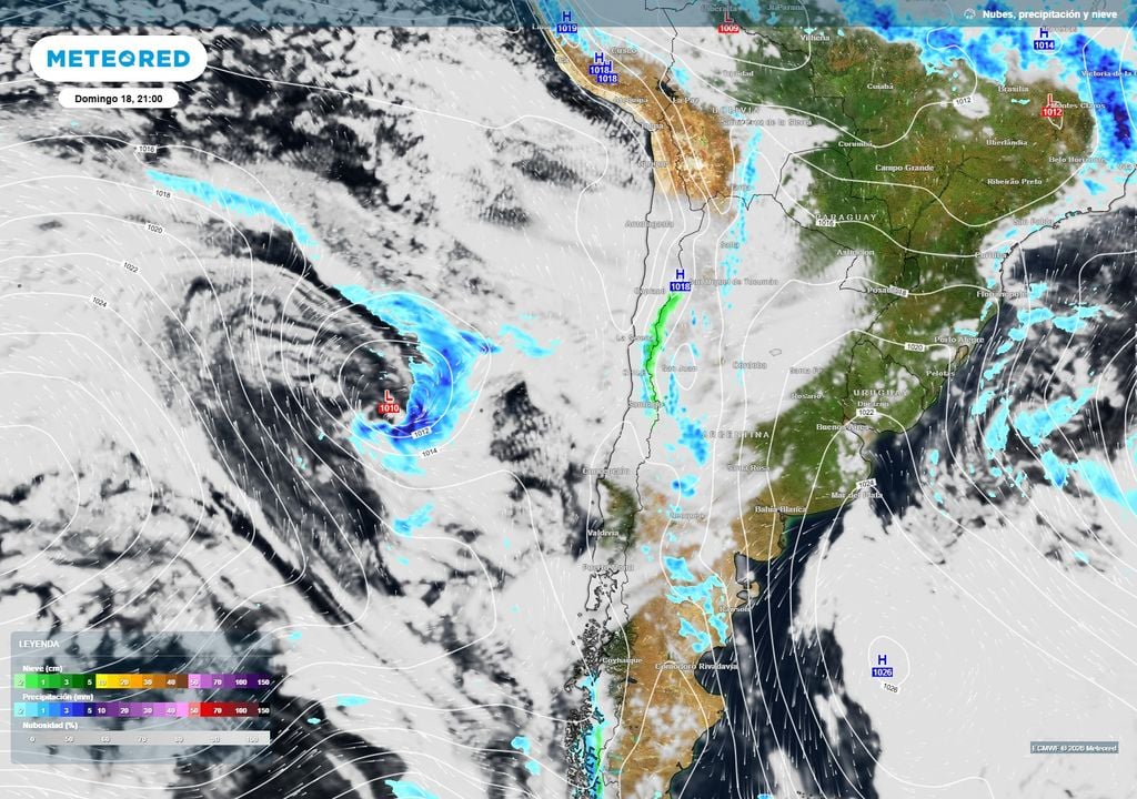 El modelo ECMWF proyecta el acercamiento de un ciclón extratropical frente a Chile central durante el domingo 18 de octubre, que podría favorecer el regreso de las lluvias y la inestabilidad.