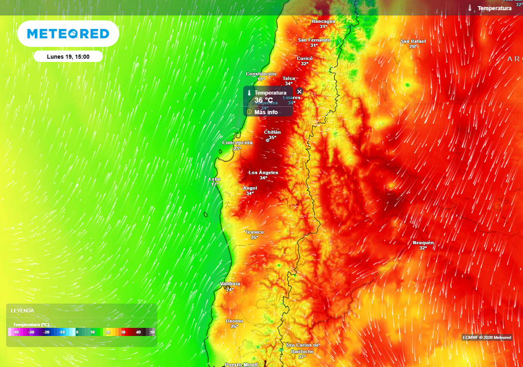Temperatura máxima (°C) para el lunes 19 de enero 2026 en Chile centro sur.