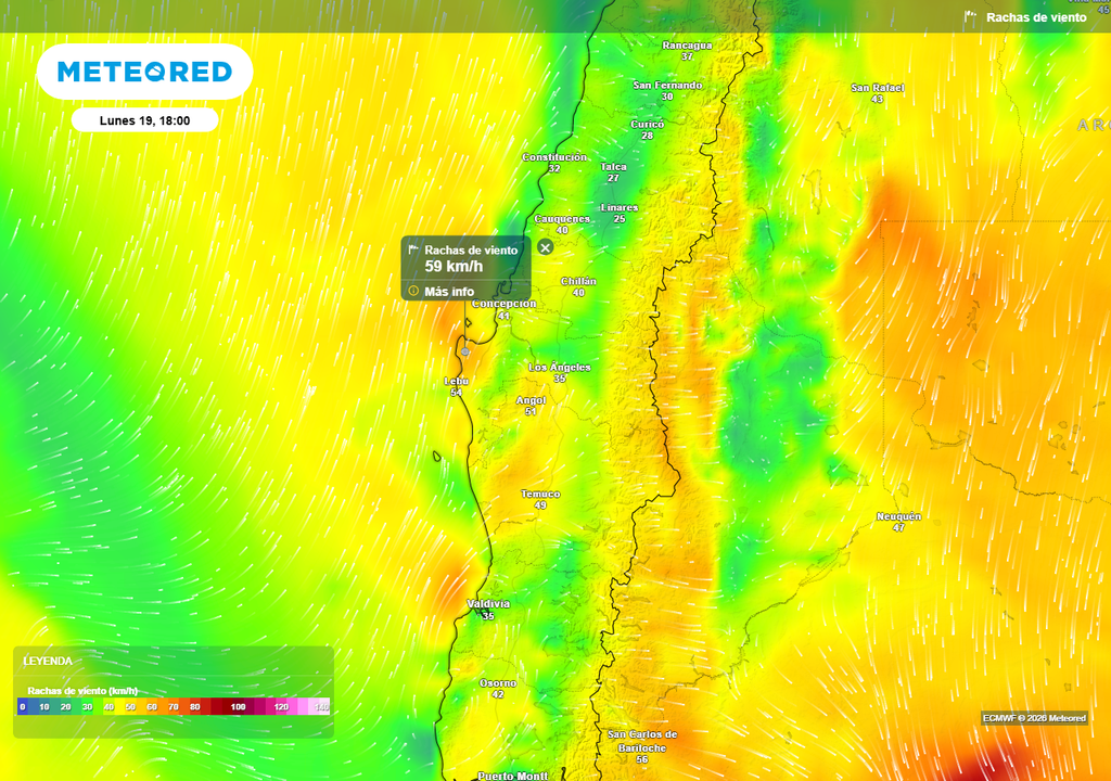 Rachas de viento (km/h) para la tarde del lunes 19 de enero 2026 en Chile centro sur.