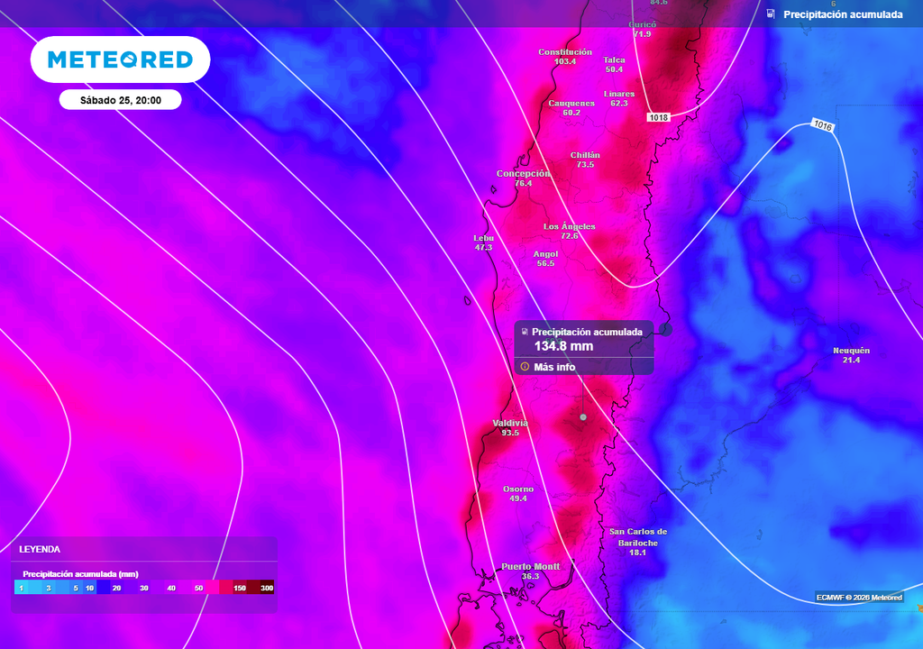 Meteored pronostica que 4 sistemas frontales llegarán a Chile centro-sur esta semana Las lluvias se podrían prolongar hasta la próxima semana en algunas regiones de esta zona de Chile.