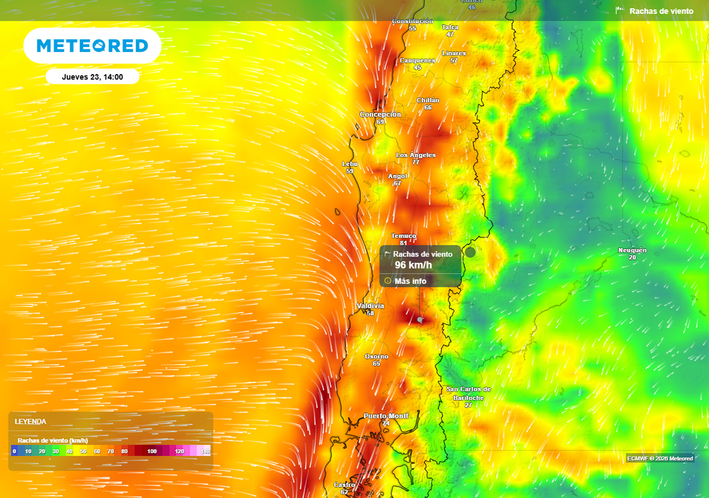 Meteored pronostica un temporal para Chile centro-sur con rachas de 100 km/h Rachas de viento (km/h) para la tarde del jueves (23) en el centro-sur de Chile.