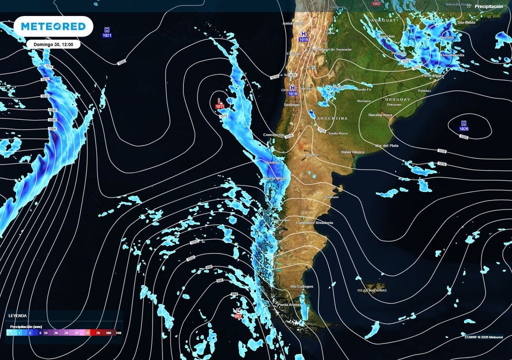 mapa de lluvias. El domingo 30, un nuevo pulso de precipitaciones avanzará sobre el sur y centro-sur de Chile, con lluvias más persistentes entre La Araucanía y Los Lagos y posterior extensión hacia Biobío, Ñuble y Maule.
