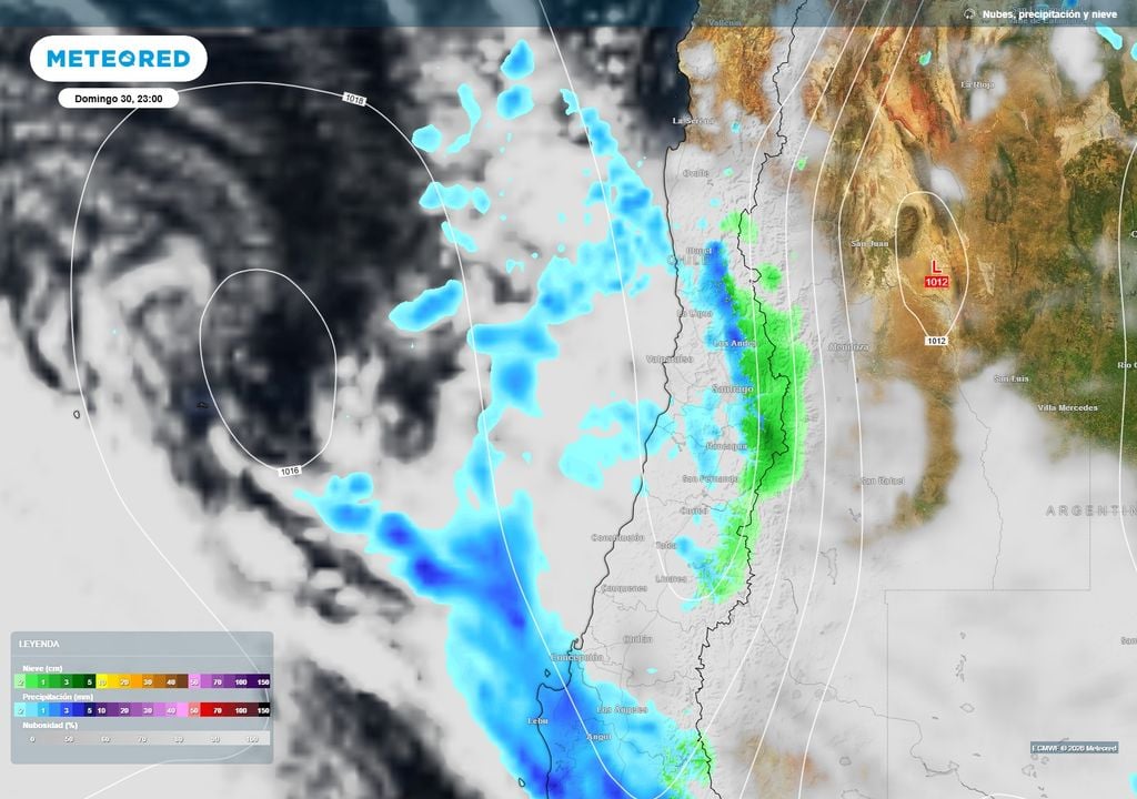 mapa de lluvia y nieve Durante la noche del domingo 30, las precipitaciones avanzarían nuevamente hacia la zona central, alcanzando sectores de O’Higgins, Metropolitana, Valparaíso y Coquimbo, aunque de forma más débil y dispersa.