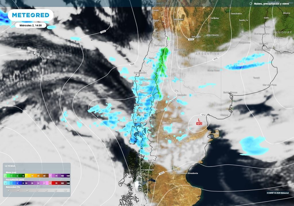 mapa lluvia y nieve. A comienzos de septiembre, nuevas precipitaciones volverían a afectar principalmente entre Biobío y Aysén, mientras en la cordillera podrían registrarse nevadas que incluso alcancen sectores más al norte de la zona central.