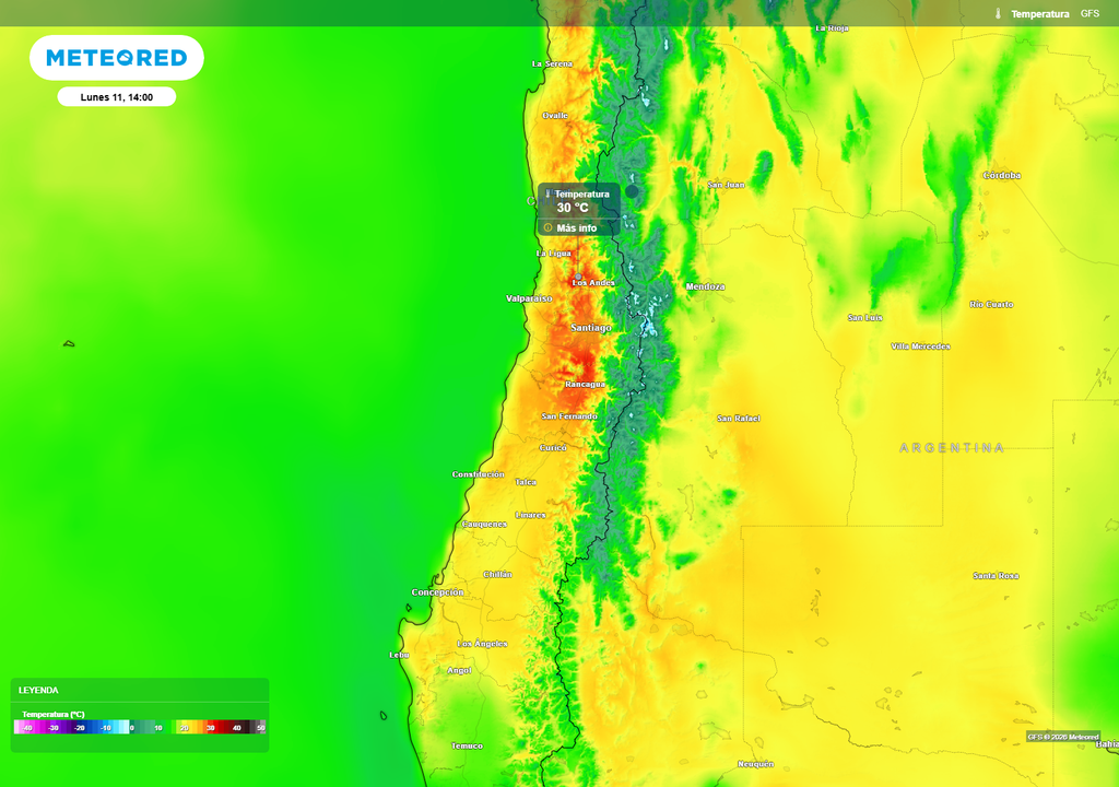 mapa de temperaturas. Las temperaturas podrían acercarse a los 30 °C en sectores interiores de la zona central durante el lunes, favorecidas por cielos despejados y el predominio de una dorsal cálida en altura.