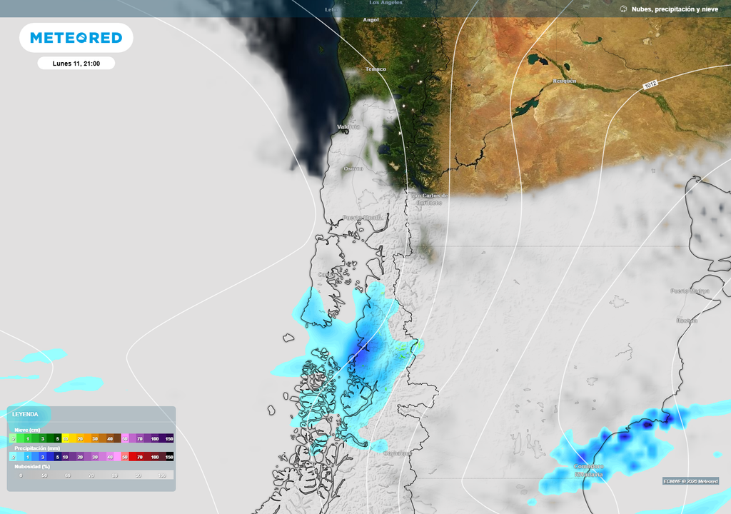 Las precipitaciones regresarían brevemente entre la noche del lunes y la mañana del martes al sur de Los Lagos, principalmente en sectores costeros y cordilleranos, aunque con montos débiles e intermitentes.