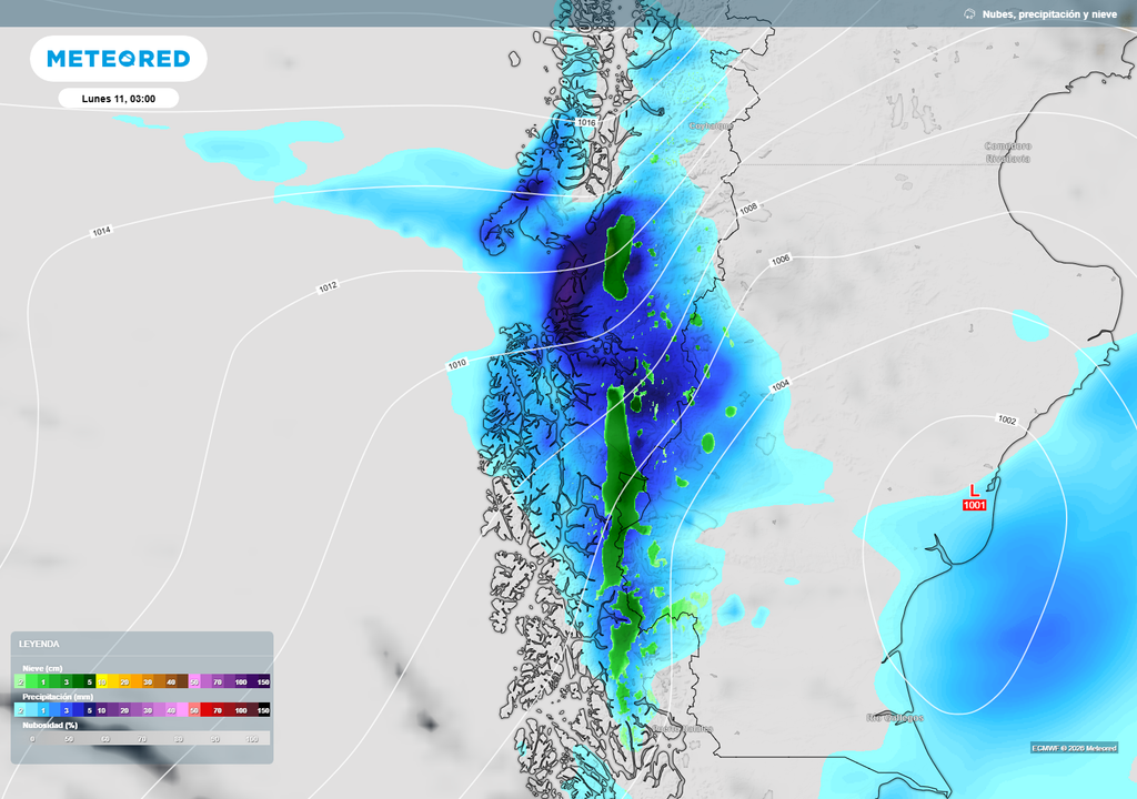 Un sistema frontal continuará dejando precipitaciones sobre la Patagonia durante el inicio de semana, con lluvias más intensas entre sectores de Aysén y Magallanes, además de nevadas en áreas cordilleranas.