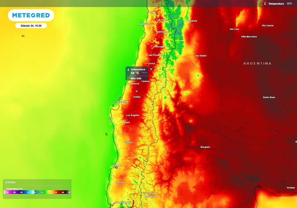 El mapa de temperatura muestra el intenso contraste térmico del sábado 24, con altas temperaturas en la zona centro-sur de Chile, especialmente en valles del Maule, Ñuble y Biobío, bajo la influencia de una dorsal en altura.