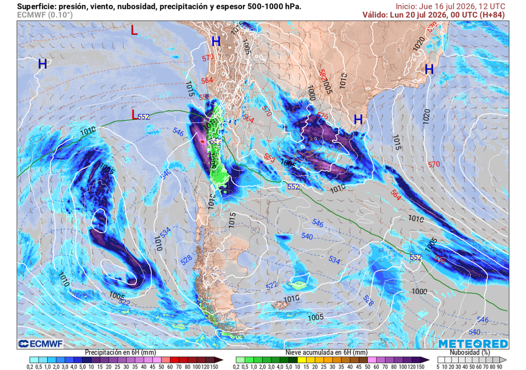 modelo de pronóstico Un pulso intenso de lluvias caerá durante el domingo 19 sobre el centro-norte y norte chico.