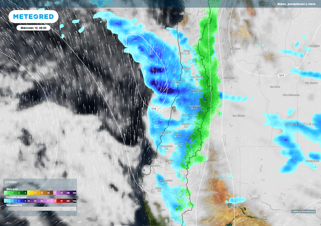 El miércoles 10 podría ser el día clave para las lluvias que recorrerán la zona central, donde se espera que alcancen incluso la región de Coquimbo.