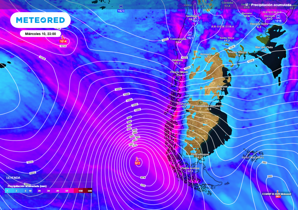 Se proyectan acumulados importantes hasta el miércoles 10 de junio. Color magenta indica precipitaciones sobre los 30 mm en el territorio nacional.