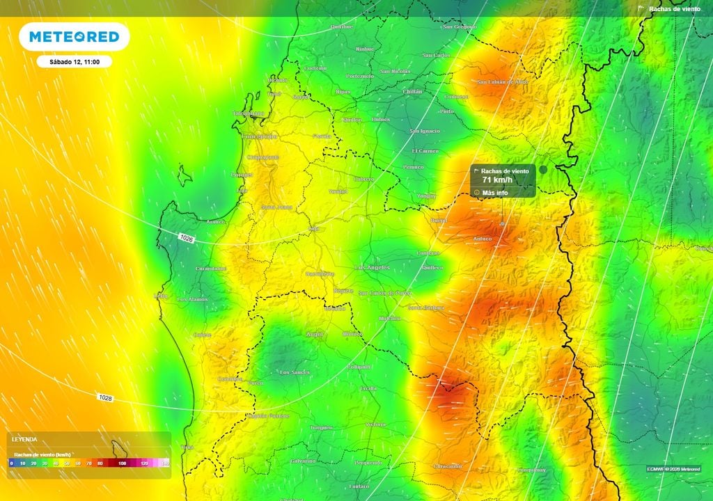 El viento Puelche se intensificará durante el viernes 11 y sábado 12 en el centro-sur de Chile. El ECMWF proyecta las rachas más fuertes en sectores cordilleranos de Ñuble, Biobío y La Araucanía, donde podrían alcanzar entre 60 y 80 km/h.