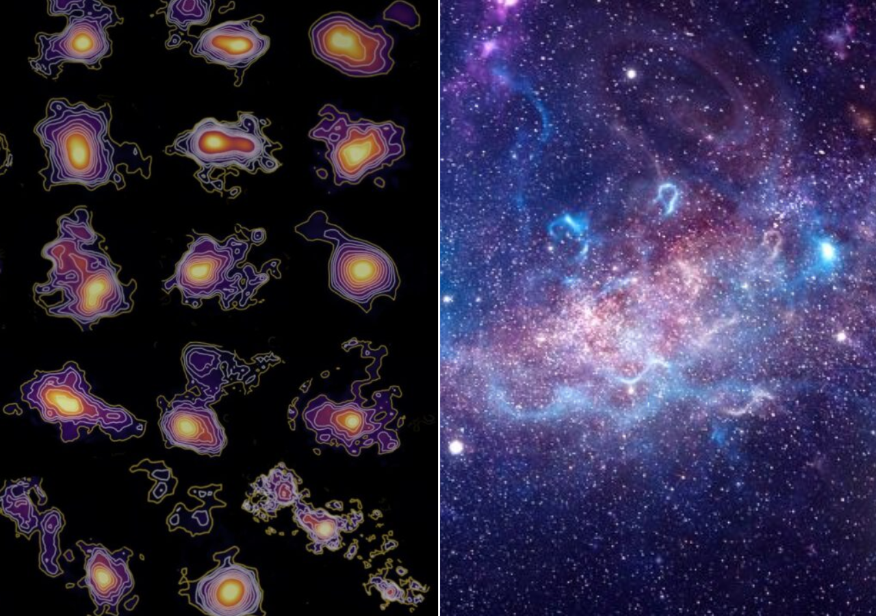 Izquierda: mapa del gas frío en galaxias primitivas observado por ALMA en el sondeo CRISTAL. Derecha: imagen artística del universo joven con formación estelar activa. Crédito: ALMA / CRISTAL / R. Herrera-Camus.