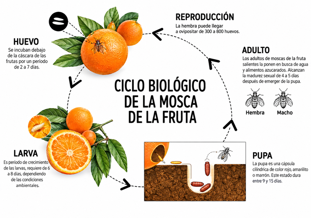 Resumen del ciclo biologico de la plaga, causando daño economico y perdida total de la producción