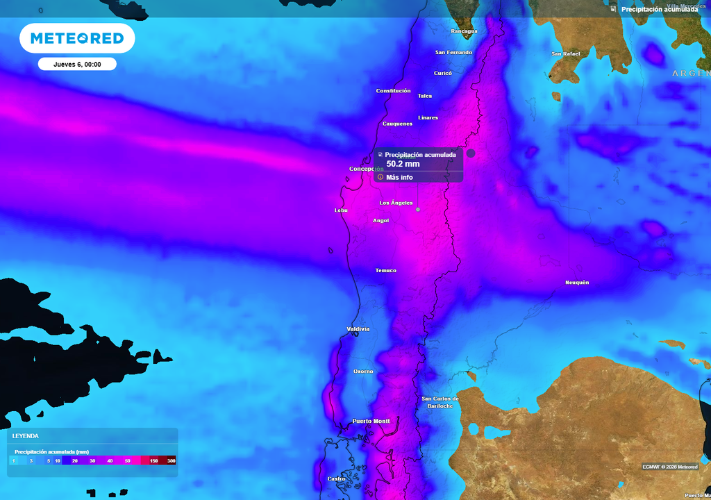 Las precipitaciones más intensas y abundantes caerán sobre el Ñuble, Biobío y La Araucanía.