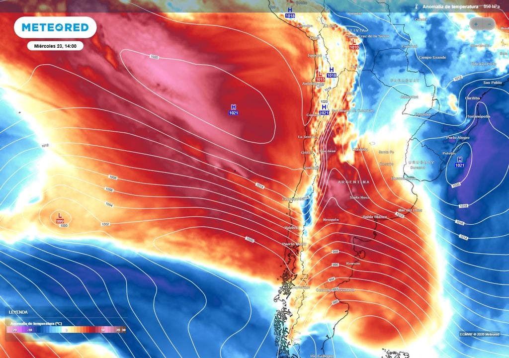anomalía de temperatura en 850 hPa y presión La masa de aire cálido dejará grandes anomalías de temperatura, tanto cerca de la superficie como en altura. Esto hará que las lluvias se produzcan con isoterma cero alta en sectores del centro y sur de Chile durante la próxima semana.