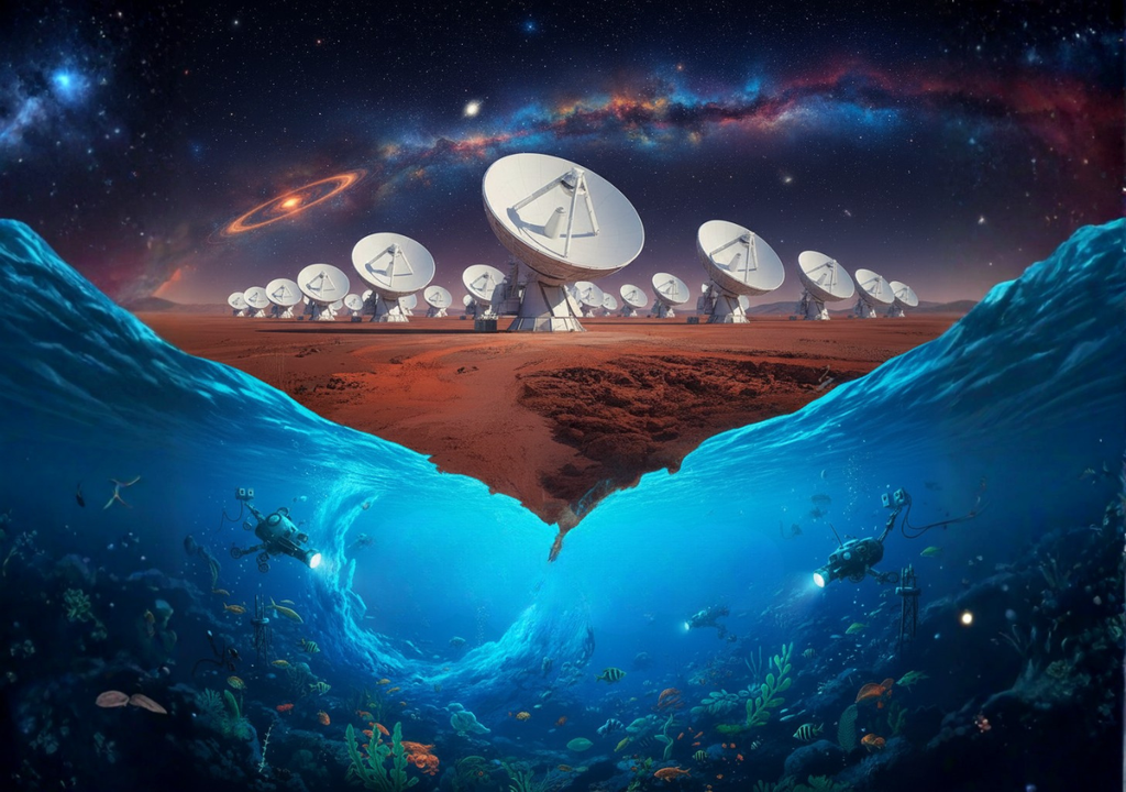 Desde el desierto de Atacama hasta las profundidades del Pacífico, Chile une cielo y océano como laboratorios naturales de ciencia avanzada, combinando radioastronomía de vanguardia y exploración marina para comprender los grandes procesos que modelan el universo y la vida en la Tierra. Imagen de referencia.