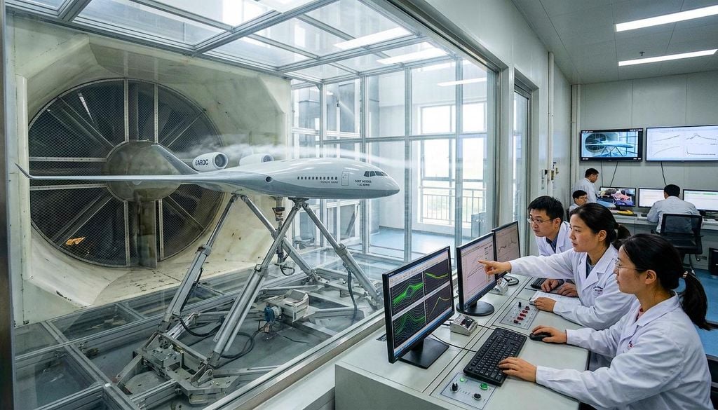 Avión chino en pruebas El prototipo chino fue ensayado a escala 1:52 en un túnel de viento transónico, con una maqueta de 80 centímetros de largo. Las pruebas analizaron su estabilidad y comportamiento entre Mach 0,40 y Mach 0,80, la velocidad prevista para el futuro avión comercial. Imagen: IA.