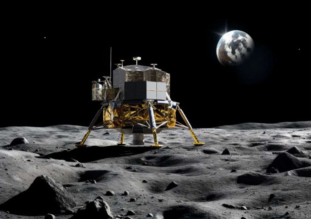 sonda lunar sobre la superficie de la Luna y una imagen de la Tierra al fondo