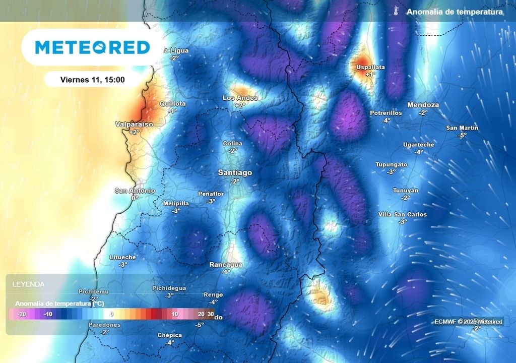 Anomalías de temperatura Toda la Región Metropolitana presentará temperaturas bajo los promedios climatológicos el próximo viernes.