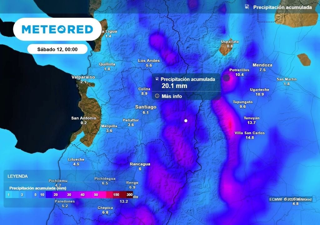Precipitación acumulada Los acumulados entre miércoles y viernes serán bajos en Santiago, no obstante, hacia la cordillera podrían ser superiores.