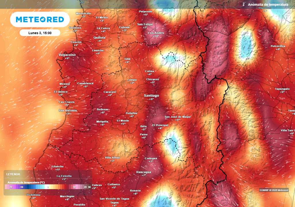 mapa de anomalía de temperaturas Este lunes en la tarde se elevarán las temperaturas máximas hasta 20 grados en la RM.